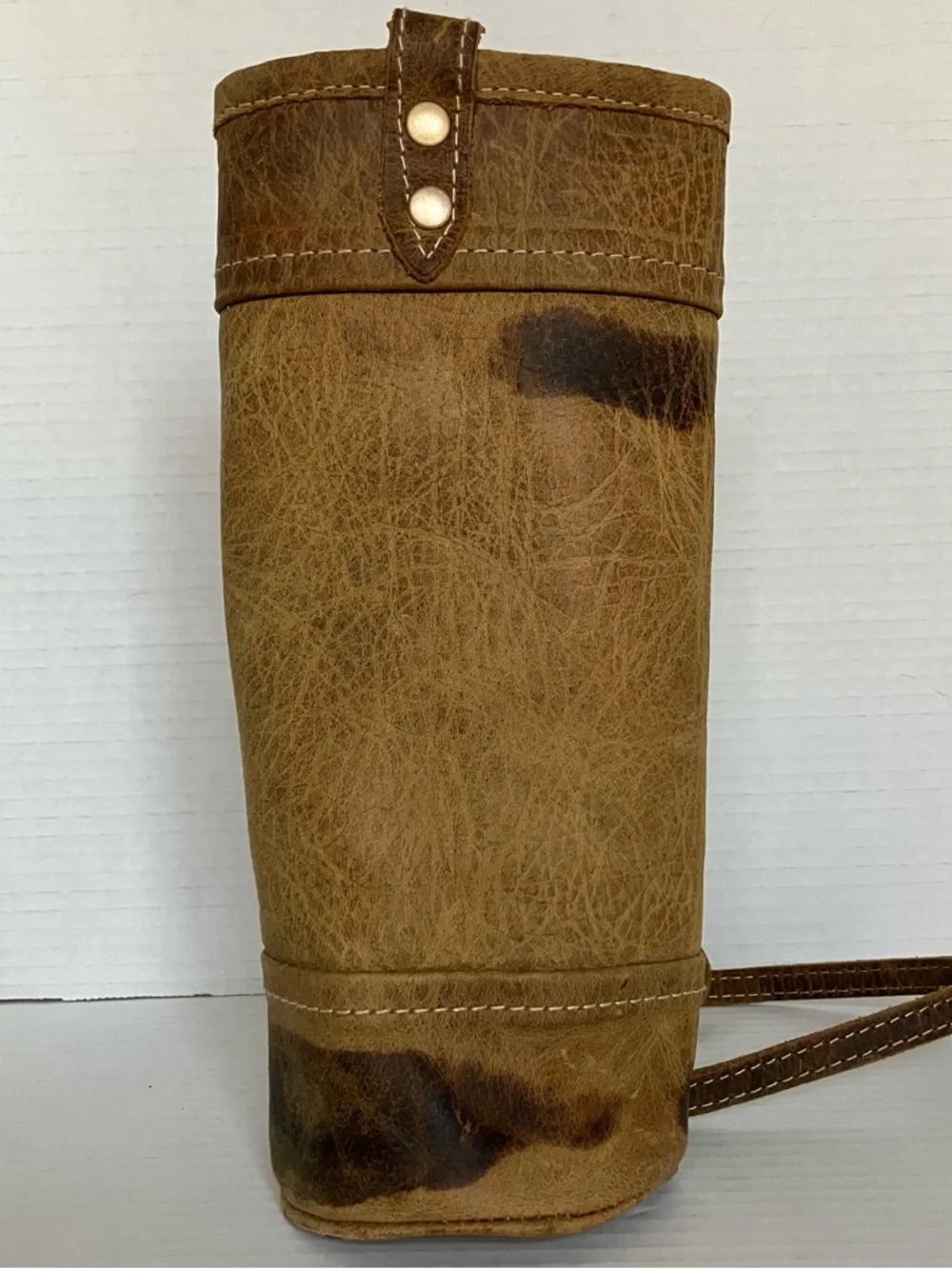 Myra Bag Wine‎ Bottle Tote Leather Strap Accent Tan Distressed New